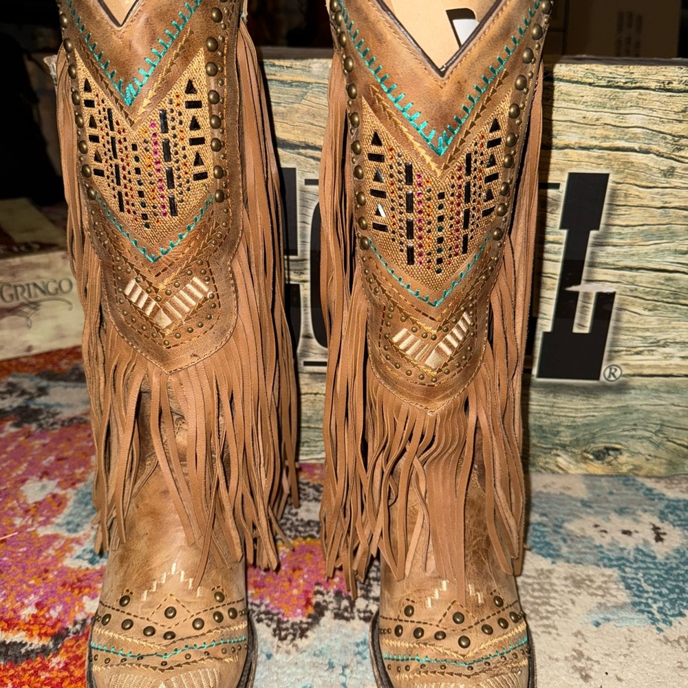 Corral: Brown Western Boots with Fringe and Embroidery